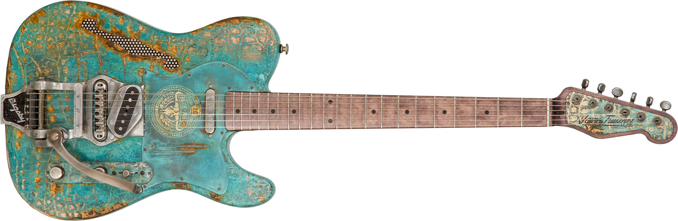 James Trussart Deluxe Steelcaster Blue Moon Perf.back Bigsby 2s Trem Mn #22099 - Titanic Green Gator - Semi hollow elektriche gitaar - Main picture