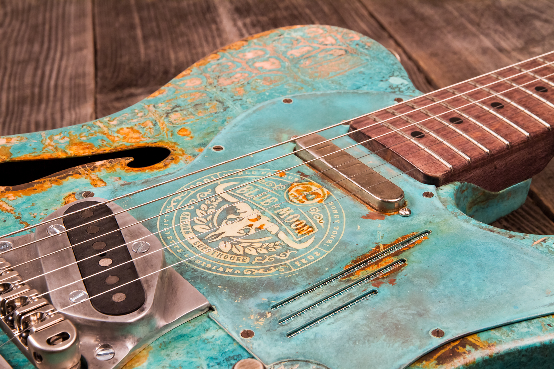 James Trussart Deluxe Steelcaster Blue Moon Perf.back Bigsby 2s Trem Mn #22099 - Titanic Green Gator - Semi hollow elektriche gitaar - Variation 5