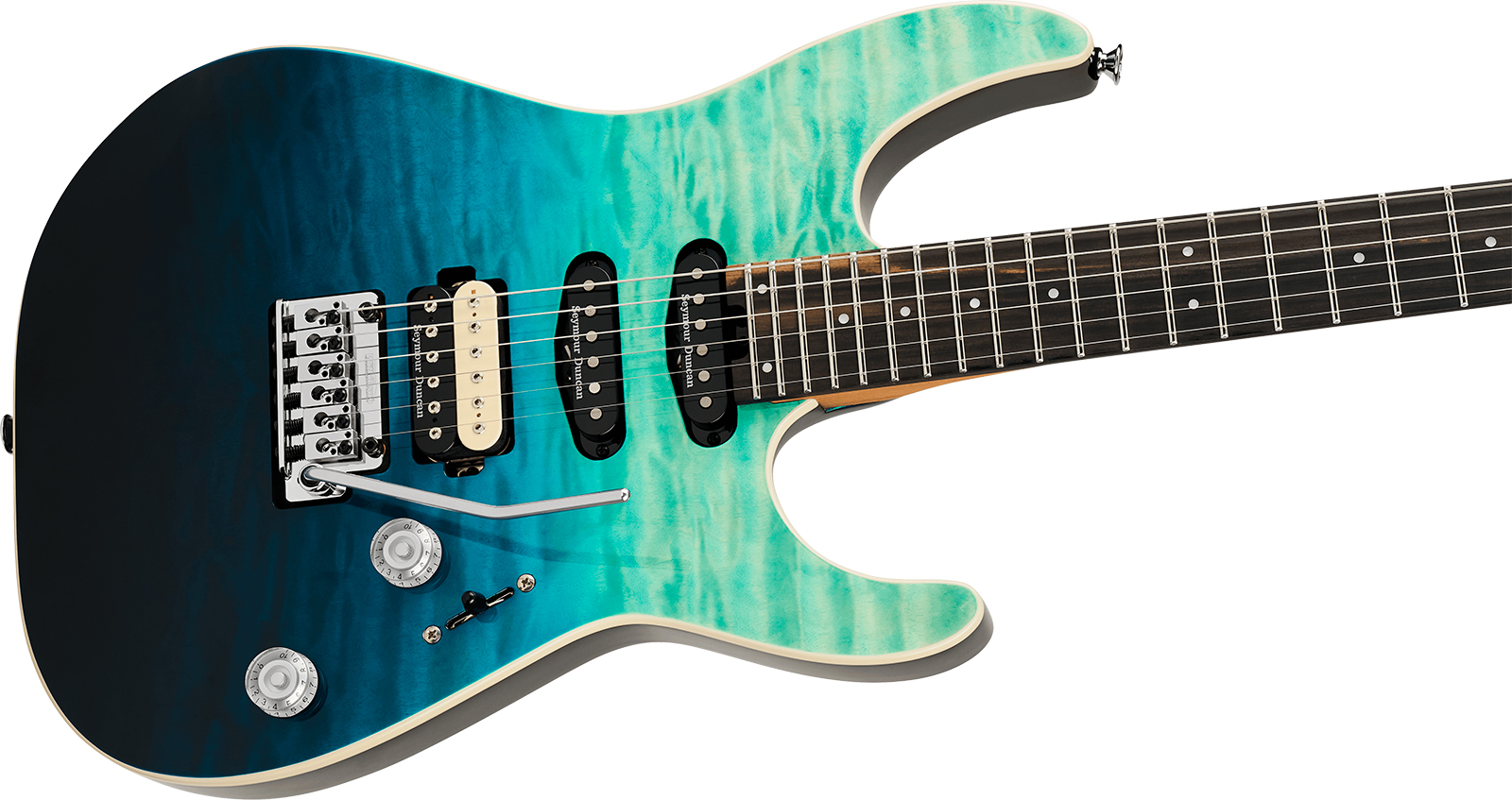 Charvel Dinky Dk24 Hss 2pt Eb Qm Pro-mod Plus Hss Seymour Duncan Trem Eb - Blue Curacao - Elektrische gitaar in Strat vorm - Variation 2