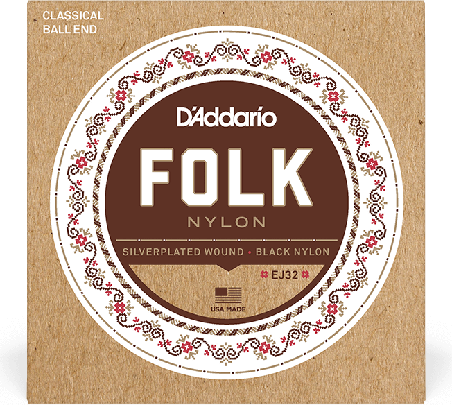 D'addario Jeu De 6 Cordes Ej32 Folk Nylon (6) Silver Plated Wrap, Nylon Core, Black Nylon Trebles Ball End - Nylonsnaren voor klassieke gitaar - Main 