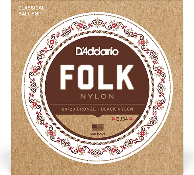 D'addario Ej34 Folk (6) 80/20 Bronze Wrap, Nylon Core, Black Nylon Trebles Ball End - Nylonsnaren voor klassieke gitaar - Main picture