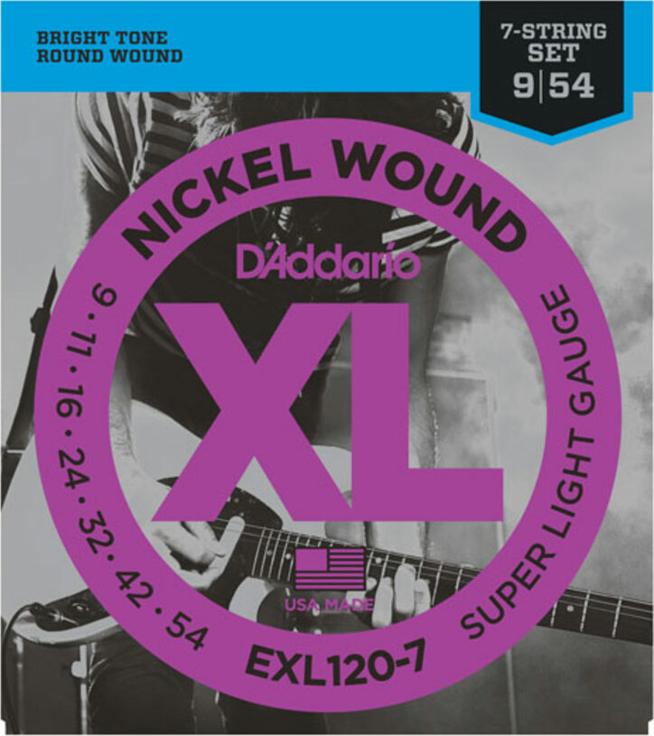 D'addario Jeu De 7 Cordes Exl120-7 Nickel Round Wound 7-string Super Light 9-54 - Elektrische gitaarsnaren - Main picture