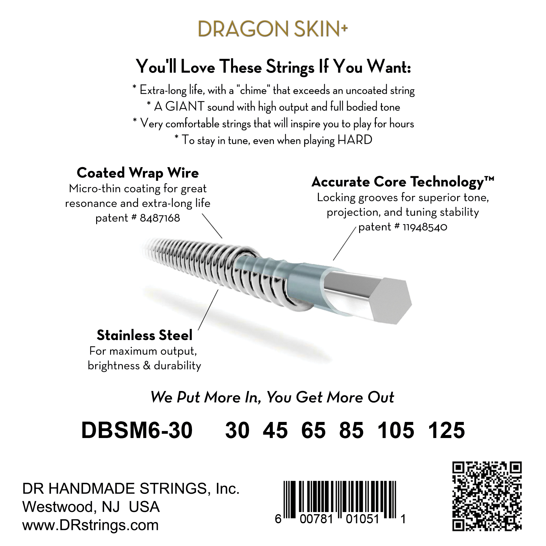 Dr Jeu De 6 Cordes Dragon Skin+ Core Technology Coated Wrap 30-125 Tapered Multi-scale - Elektrische bassnaren - Variation 1