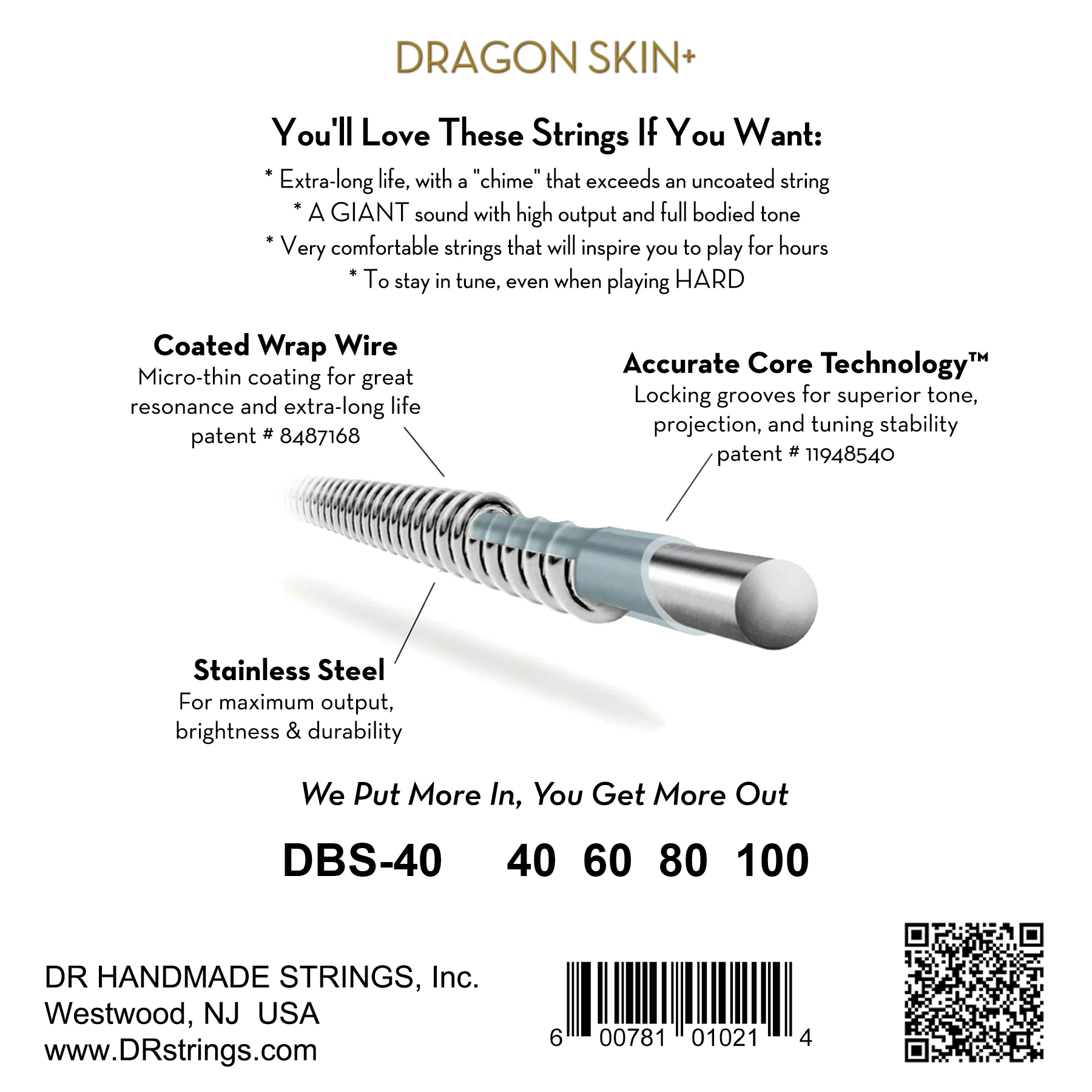 Dr Jeu De 4 Cordes Dragon Skin+ Core Technology Coated Wrap 40-100 - Elektrische bassnaren - Variation 1