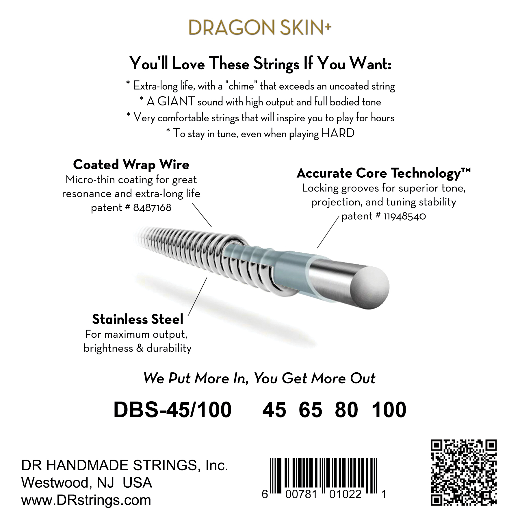 Dr Jeu De 4 Cordes Dragon Skin+ Core Technology Coated Wrap 45-100 - Elektrische bassnaren - Variation 1