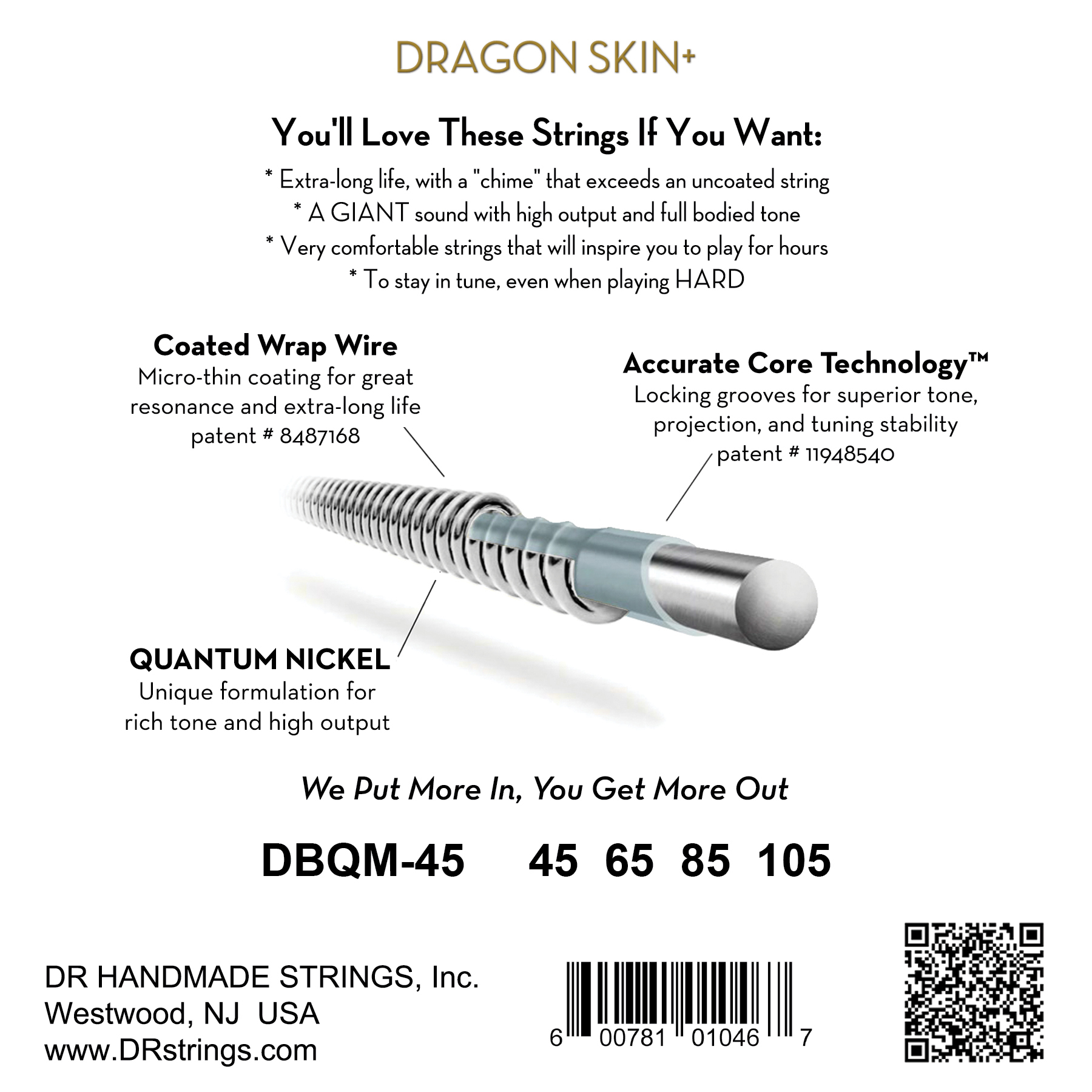 Dr Jeu De 4 Cordes Dragon Skin+ Core Technology Coated Wrap 45-105 Tapered Multi-scale - Elektrische bassnaren - Variation 1