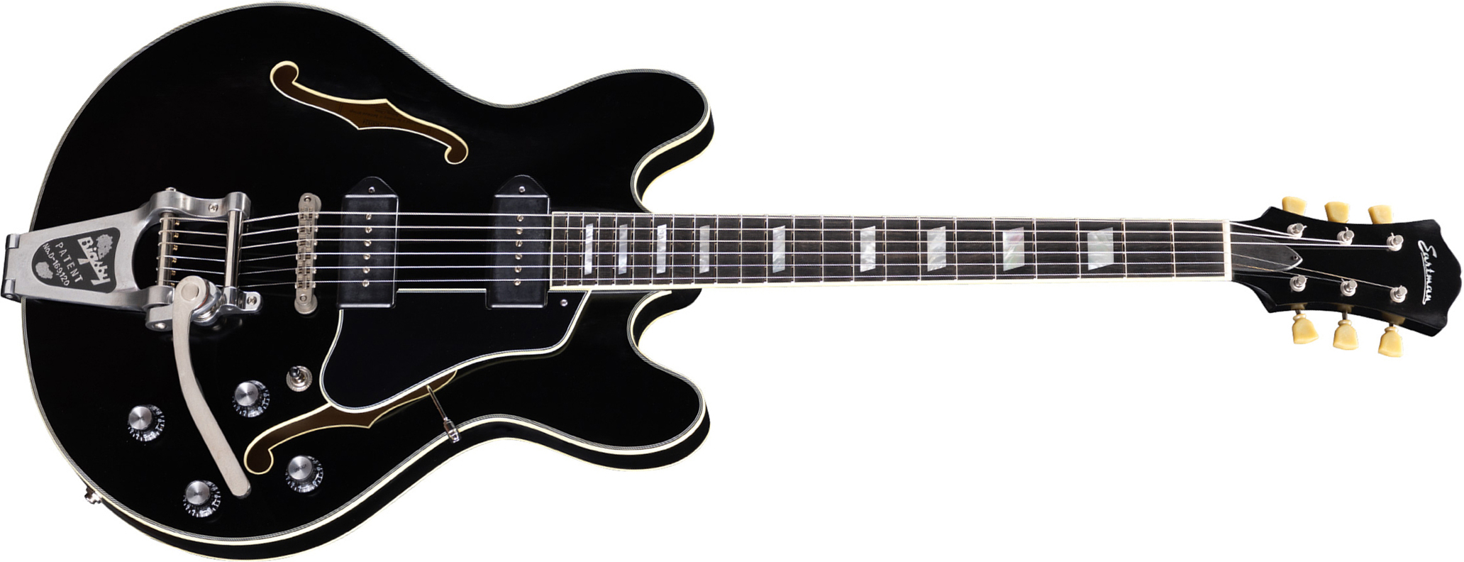 Eastman T64/tv Thinline 2s P90 Lollar Bigsby Eb - Truetone Vintage Gloss Black - Semi hollow elektriche gitaar - Main picture