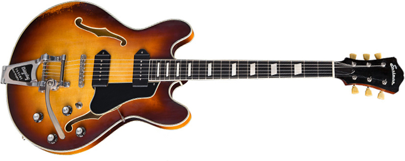 Eastman T64/v Thinline Laminate Tout Erable Bigsby 2p90 Lollar Bigsby Eb - Goldburst - Semi hollow elektriche gitaar - Main picture