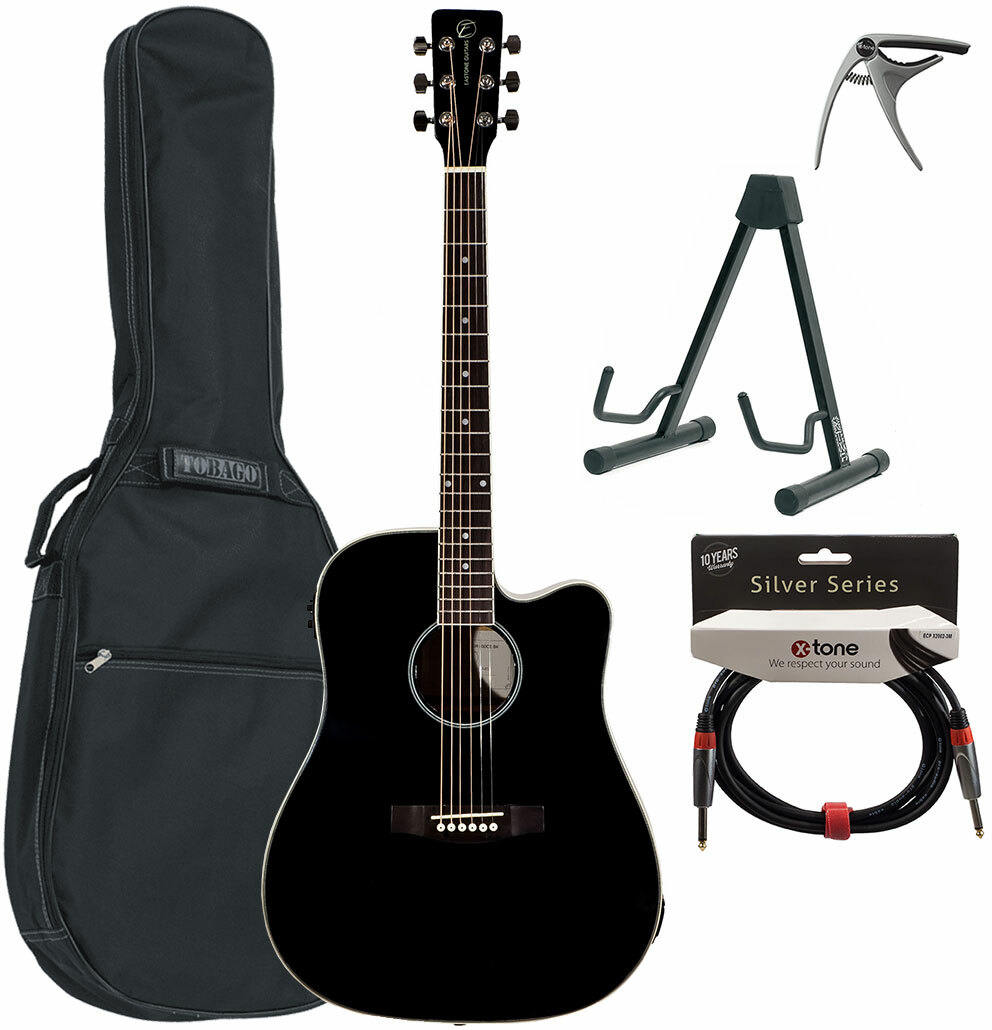 Eastone Dr100ce-blk +housse X-tone 2003 +capo +stand +jack - Black - Western gitaar set - Main picture