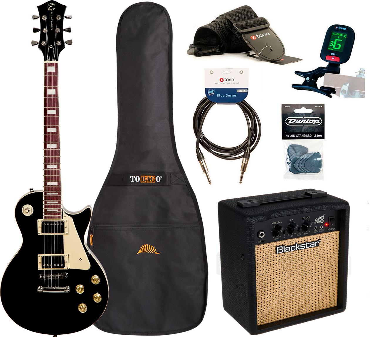 Eastone Lp100 +blackstar Debut 10 +cable +clip-on Tuner +mediators +housse +courroie - Black - Elektrische gitaar set - Main picture
