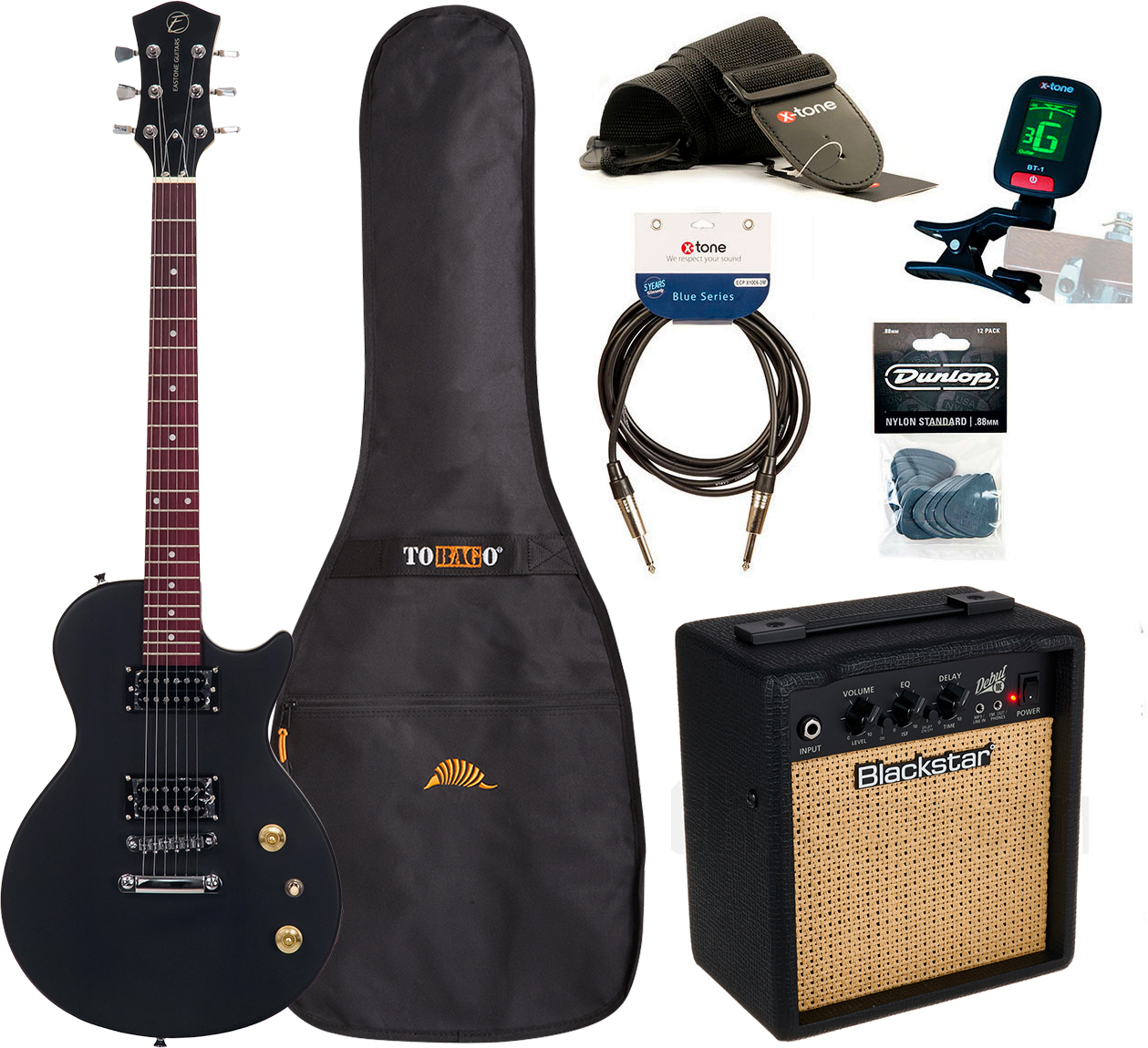 Eastone Lpl70 +blackstar Debut10 +cable +clip-on Tuner +mediators +housse +courroie - Black Satin - Elektrische gitaar set - Main picture
