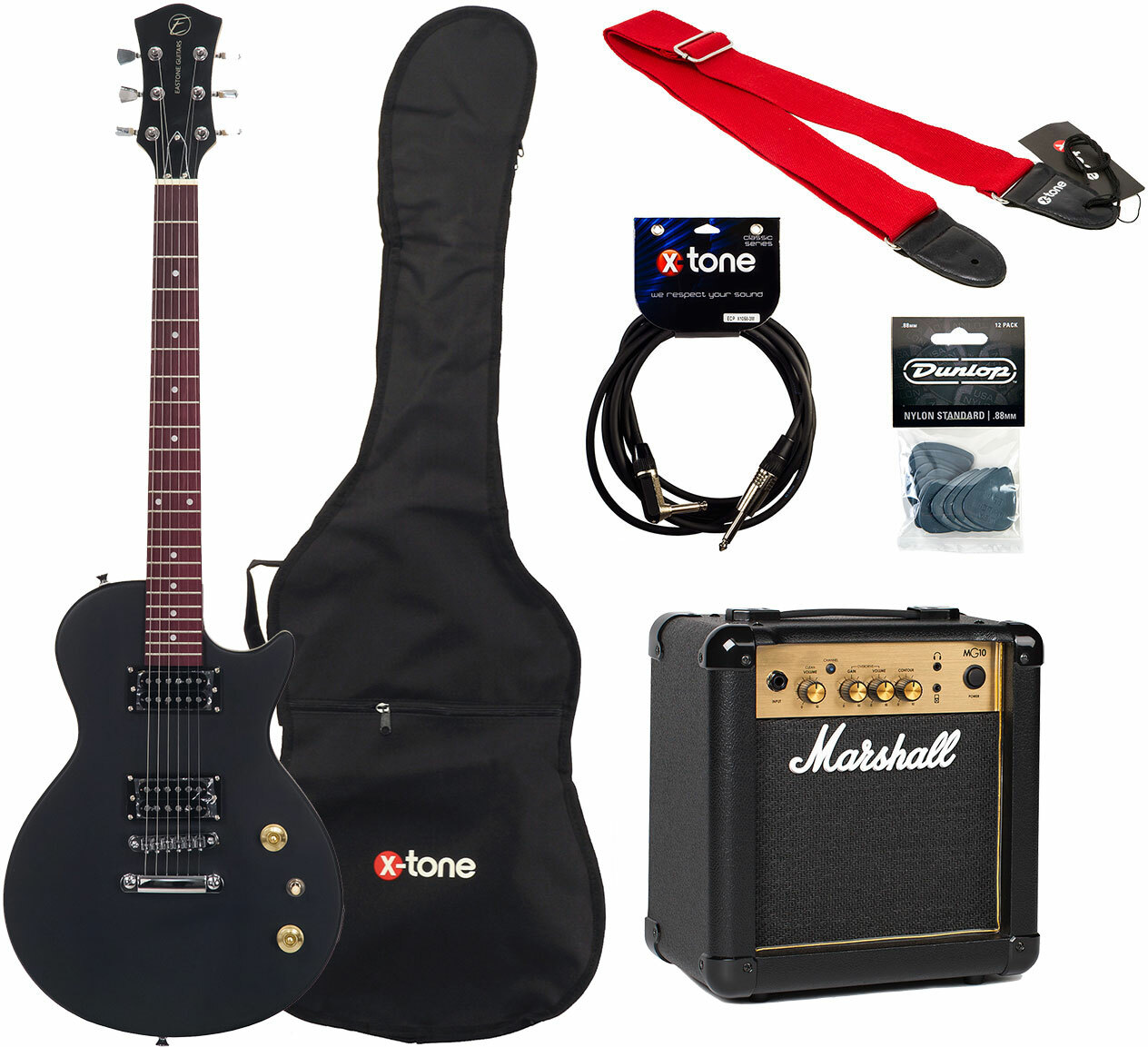 Eastone Lpl70 +marshall Mg10g +cable +housse +courroie +mediators - Black Satin - Elektrische gitaar set - Main picture