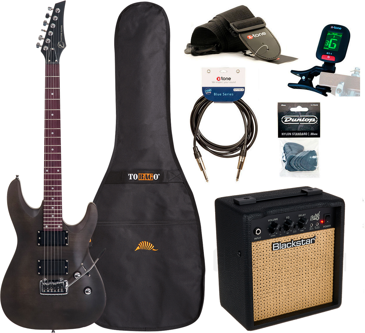 Eastone Metdc +blackstar Debut 10 +cable +clip-on Tuner +mediators +housse +courroie - Black Satin - Elektrische gitaar set - Main picture