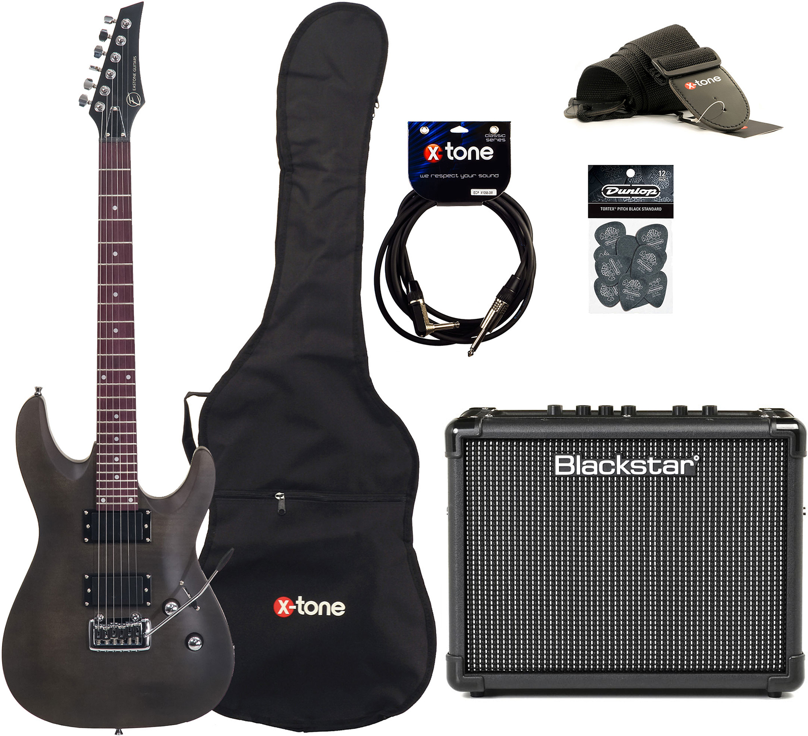 Eastone Metdc +blackstar Id Core Stereo 10 V3 +cable +housse +courroie +mediators - Black Satin - Elektrische gitaar set - Main picture