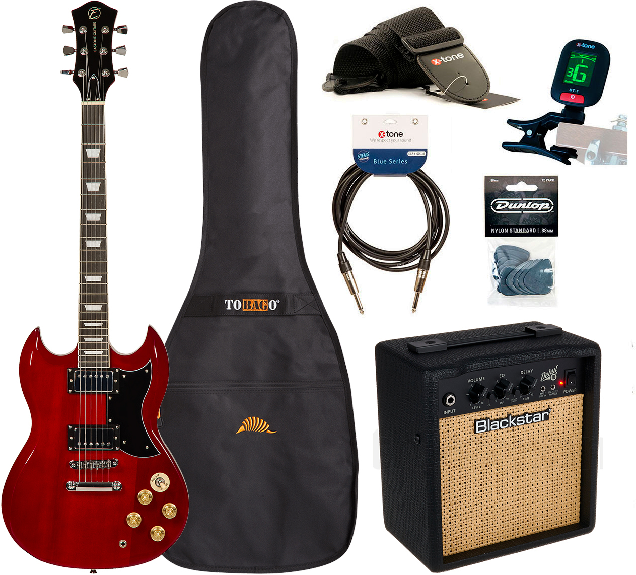 Eastone Sdc70 +blackstar Debut 10 +cable +clip-on Tuner +mediators +housse +courroie - Red - Elektrische gitaar set - Main picture