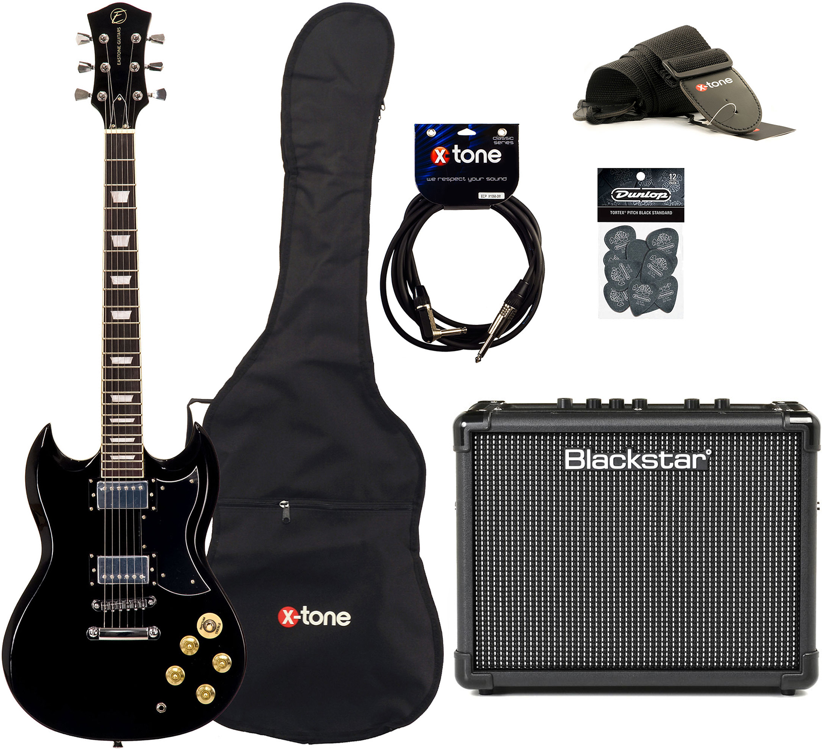 Eastone Sdc70 +blackstar Id Core Stereo 10 V3 +cable +housse +courroie +mediators - Black - Elektrische gitaar set - Main picture