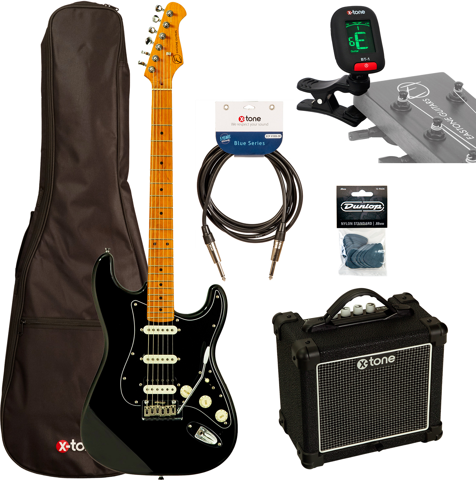 Eastone St150r-blk-rw + X-tone Xt10s Combo +cable +mediators +clip-on Tuner +housse - Black - Elektrische gitaar set - Main picture