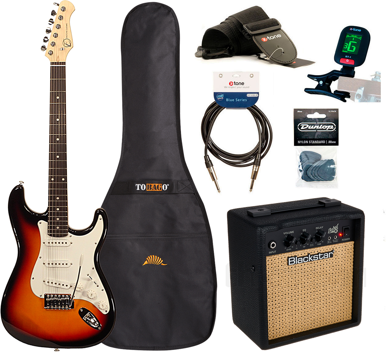 Eastone Str70 +blackstar Debut 10 +cable +clip-on Tuner +mediators +housse +courroie - 3 Tone Sunburst - Elektrische gitaar set - Main picture
