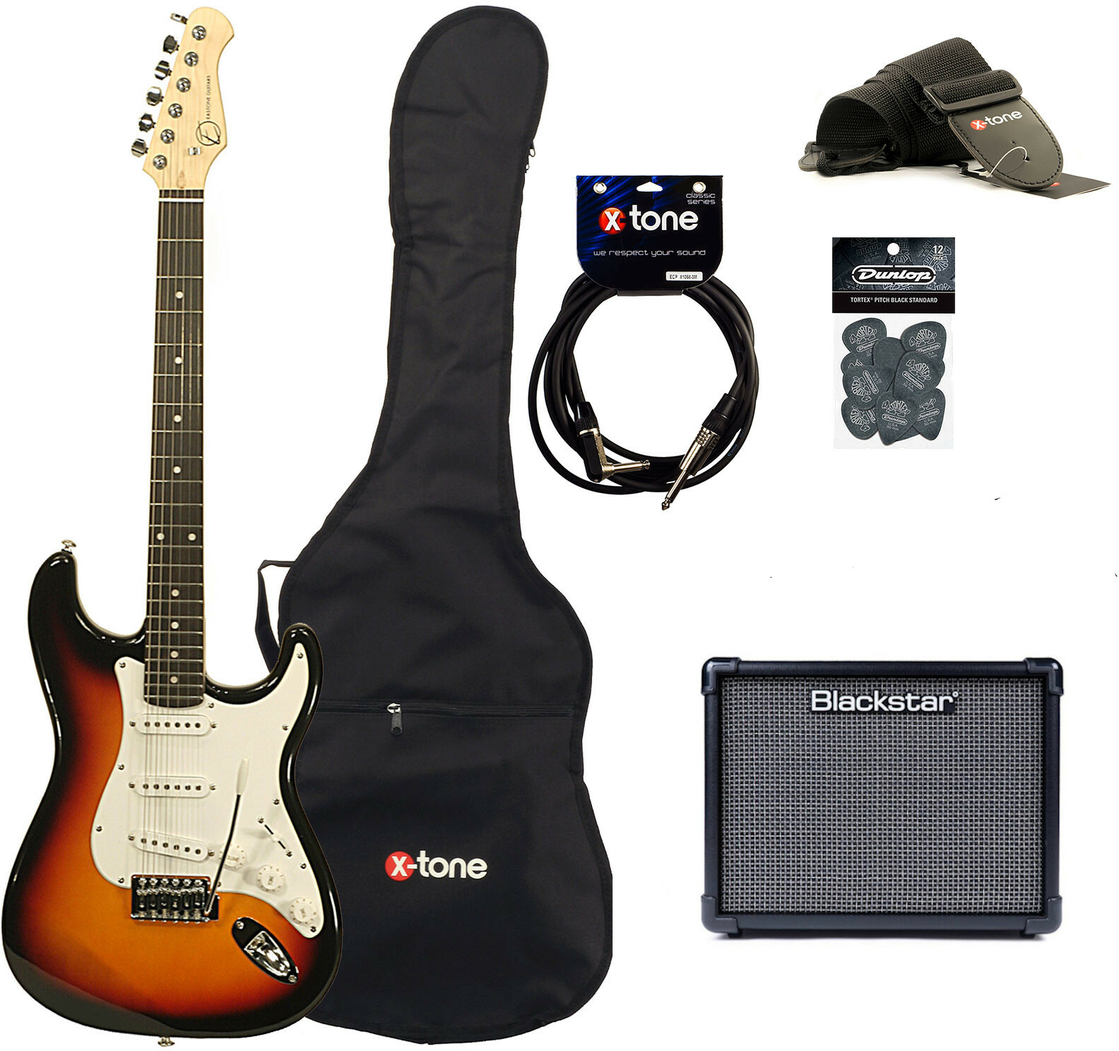 Eastone Str70 +blackstar Id Core V3 10w +cable +housse +courroie +mediators - 3-color Sunburst - Elektrische gitaar set - Main picture