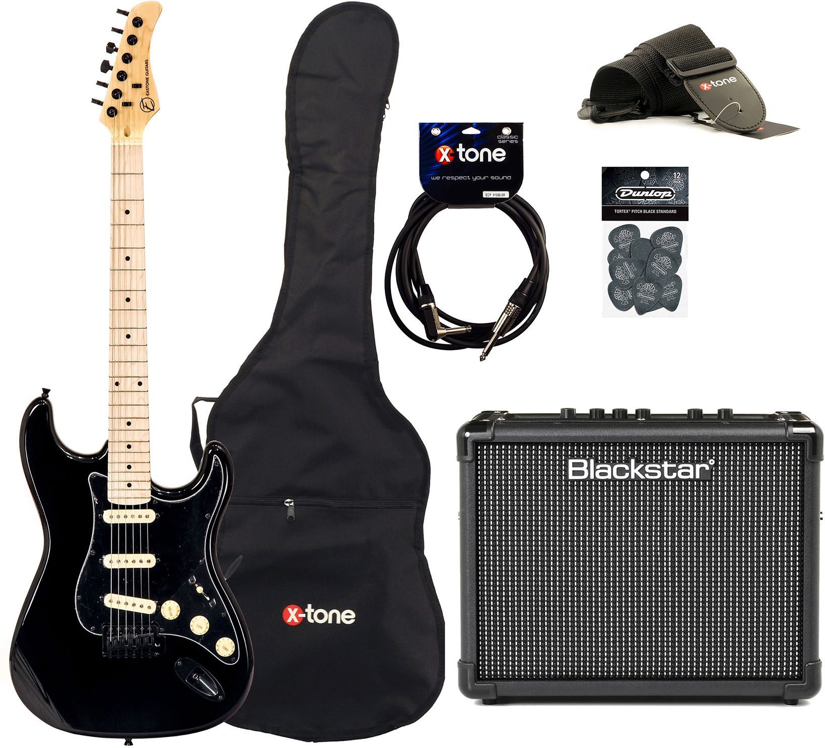 Eastone Str70 Gil +blackstar Id Core Stereo 10w V3 +cable +housse +courroie +mediators - Black - Elektrische gitaar set - Main picture