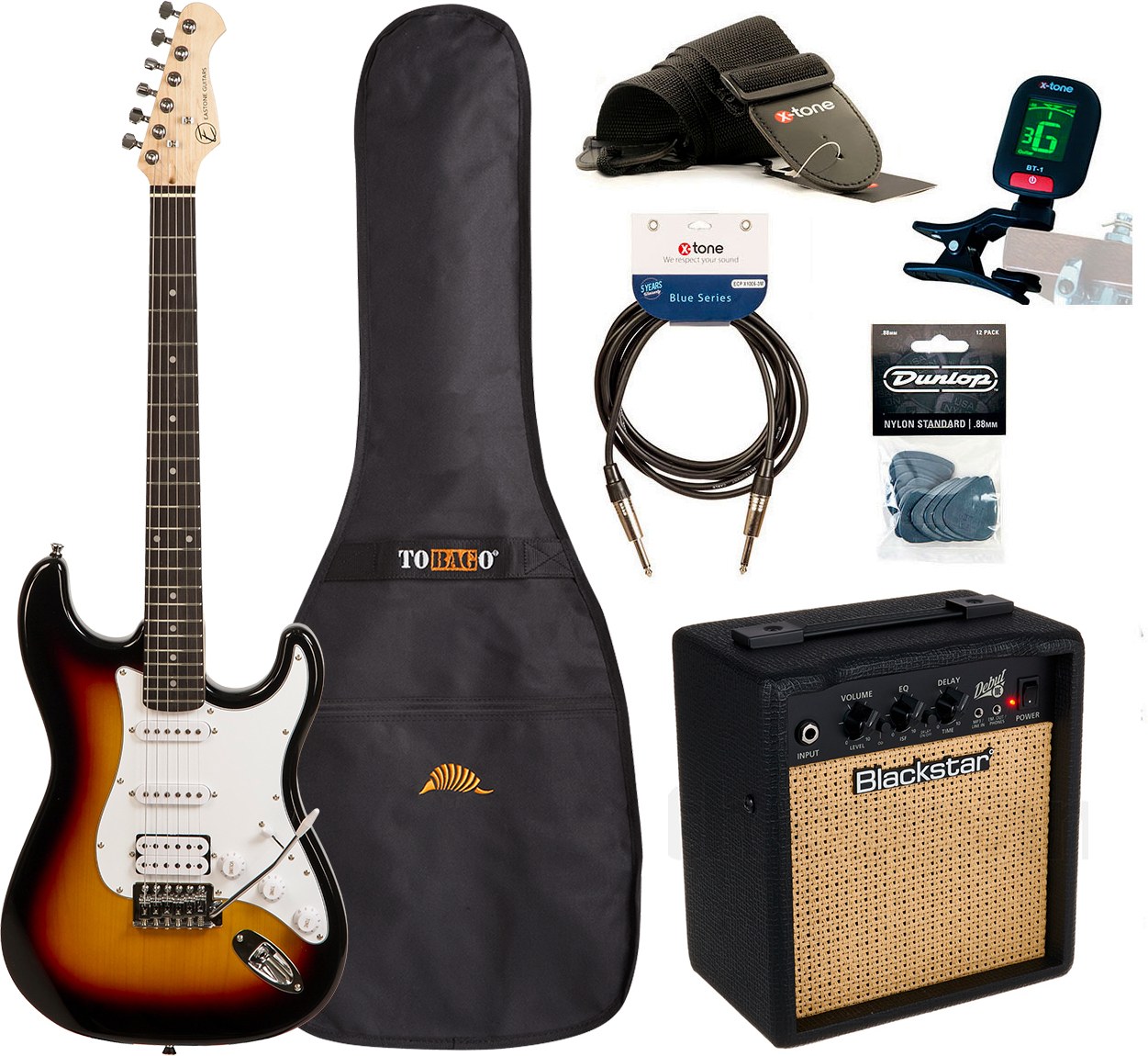Eastone Str80t Hss +blackstar Debut 10 +cable +clip-on Tuner +mediators +housse +courroie - 3 Tone Sunburst - Elektrische gitaar set - Main picture