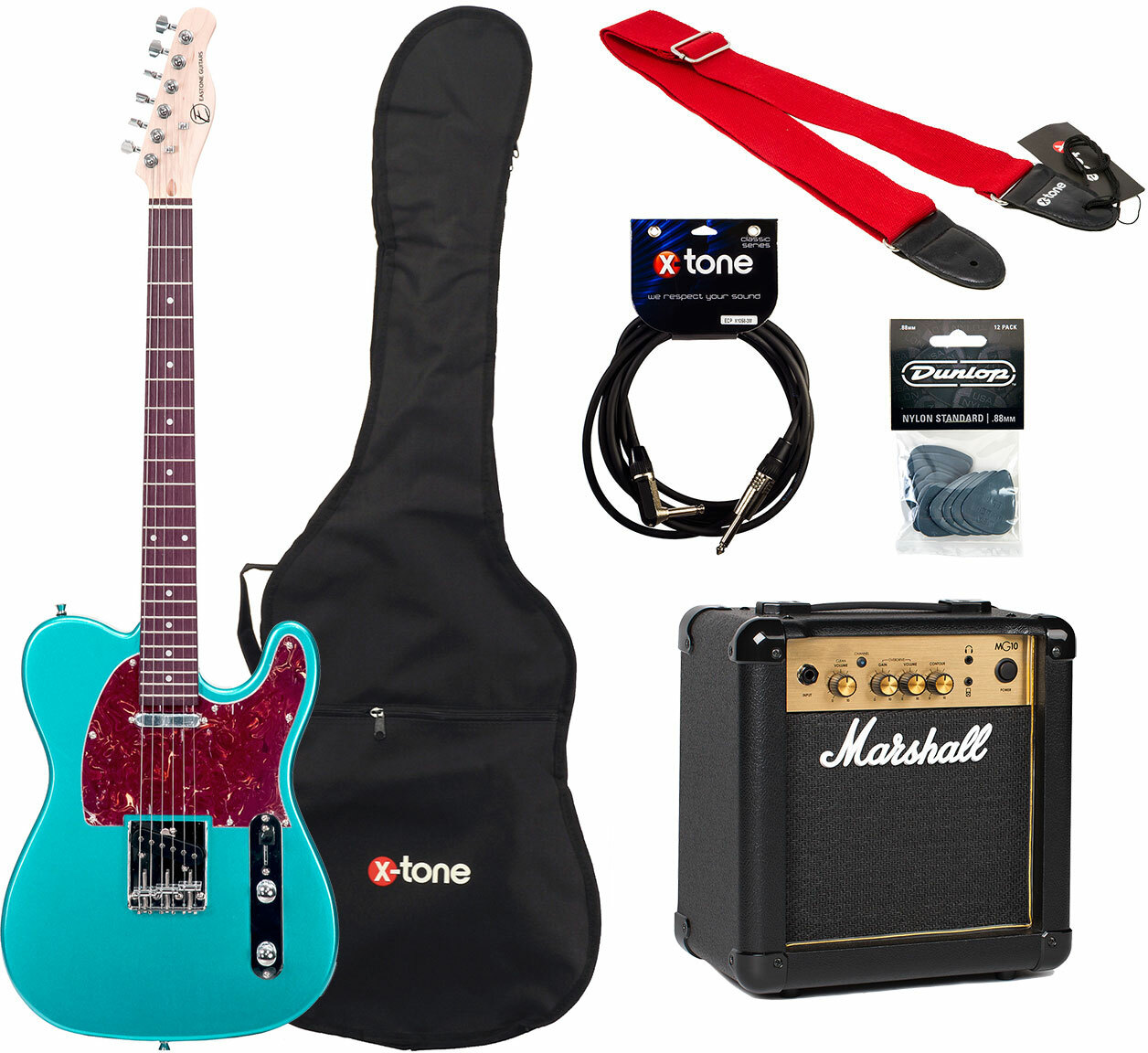 Eastone Tl70 +marshall Mg10 +housse +courroie +cable +mediators - Metallic Light Blue - Elektrische gitaar set - Main picture