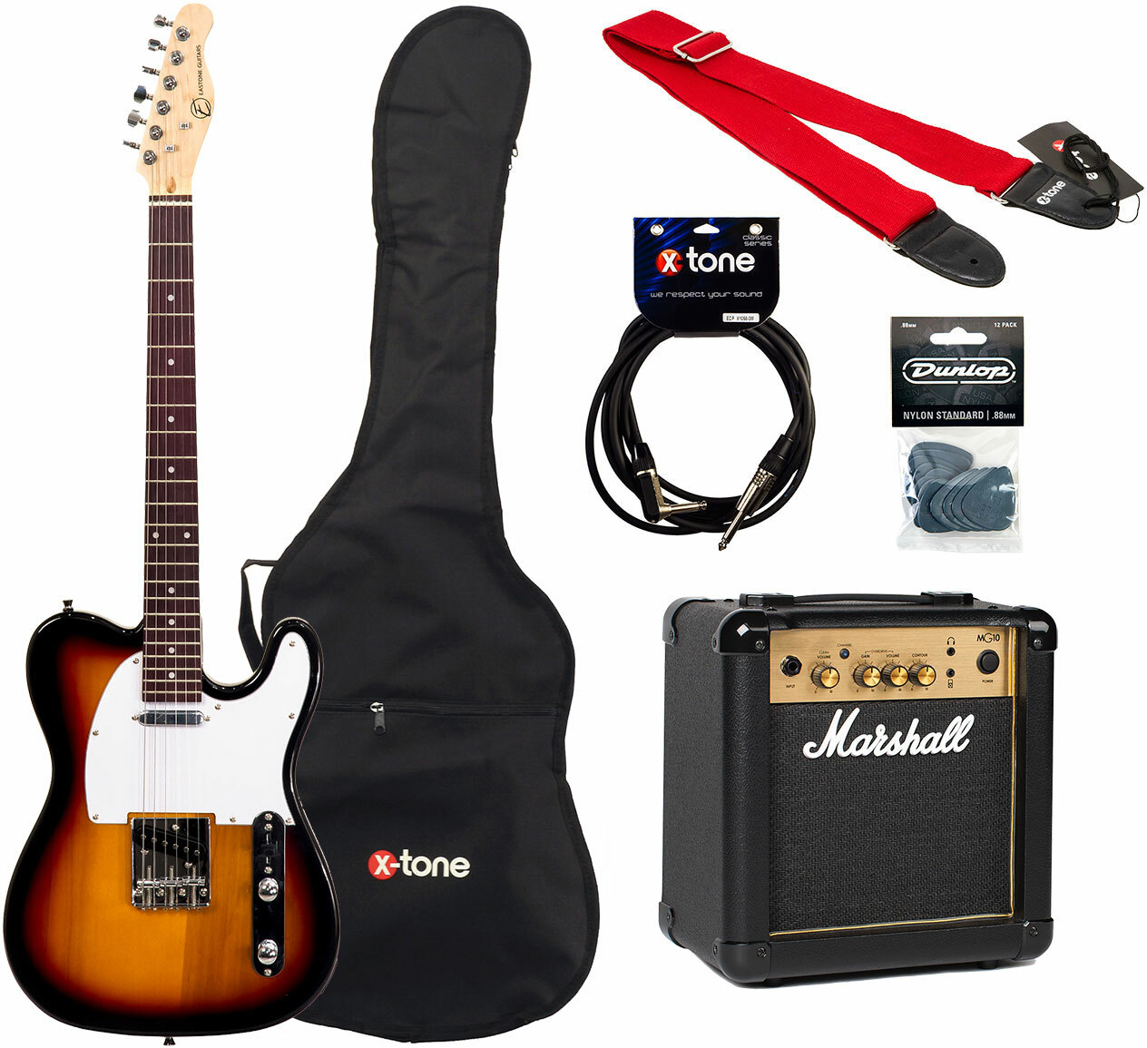 Eastone Tl70 + Marshall Mg10 +housse + Courroie + Cable + Mediators - 3 Tone Sunburst - Elektrische gitaar set - Main picture