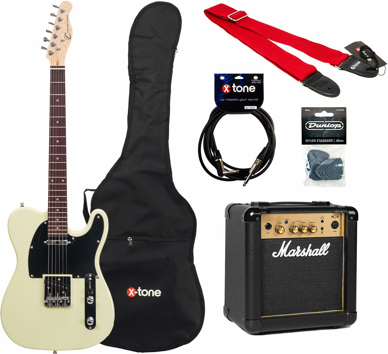 Eastone Tl70 +marshall Mg10 +housse +courroie +cable +mediators - Ivory - Elektrische gitaar set - Main picture