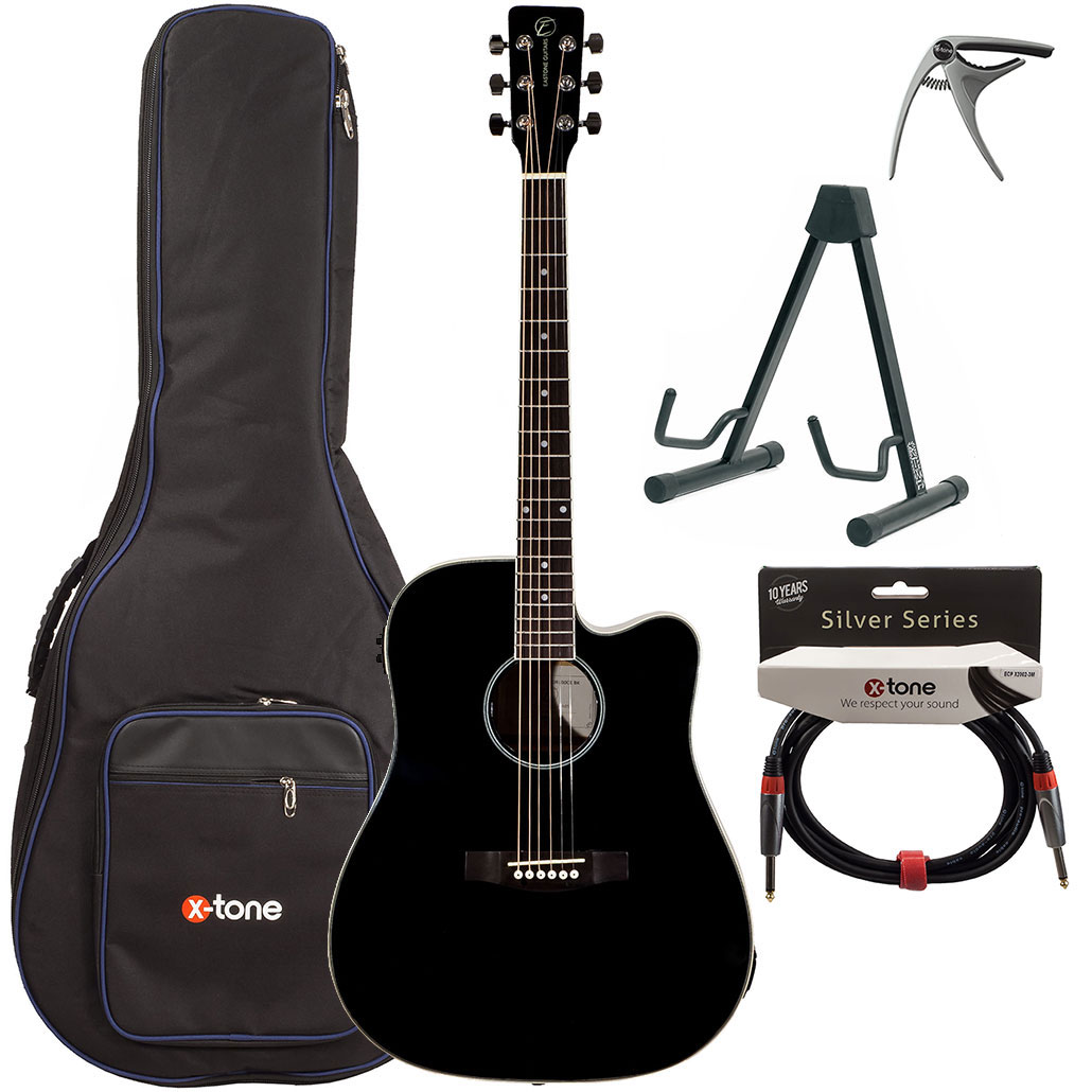 Eastone Dr100ce-blk +housse X-tone 2003 +capo +stand +jack - Black - Western gitaar set - Variation 1