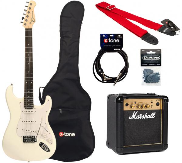 Elektrische gitaar set Eastone STR70 +MG10G 10 W +HOUSSE +COURROIE +CABLE +MEDIATORS - White