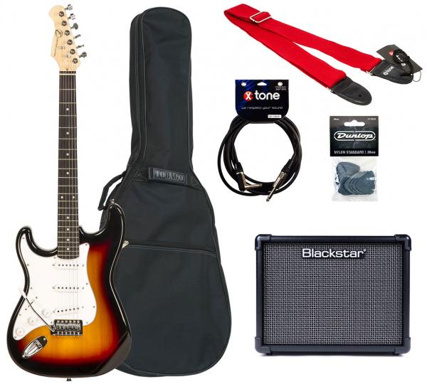 Elektrische gitaar set Eastone STR70T Left Hand +Blacktar ID Core Stereo V3 10W +Accessories - 3 tone sunburst