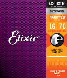 Westerngitaarsnaren Elixir 11308 8-String Nanoweb 80/20 Bronze Acoustic Guitar Strings 16-70 - 8-snarige set