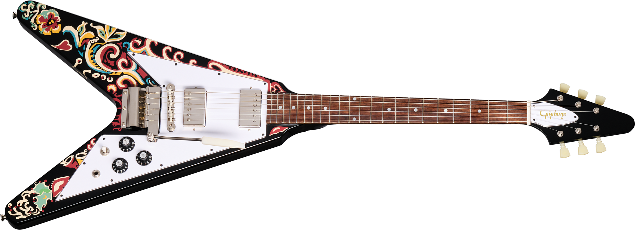 Epiphone Jimi Hendrix Flying V Love Drops Signature 2h Gibson Trem Lau - Ebony - Kenmerkende elektrische gitaar - Main picture
