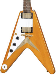 Linkshandige elektrische gitaar Epiphone Original 1958 Flying V Korina White Pickguard LH - Aged natural