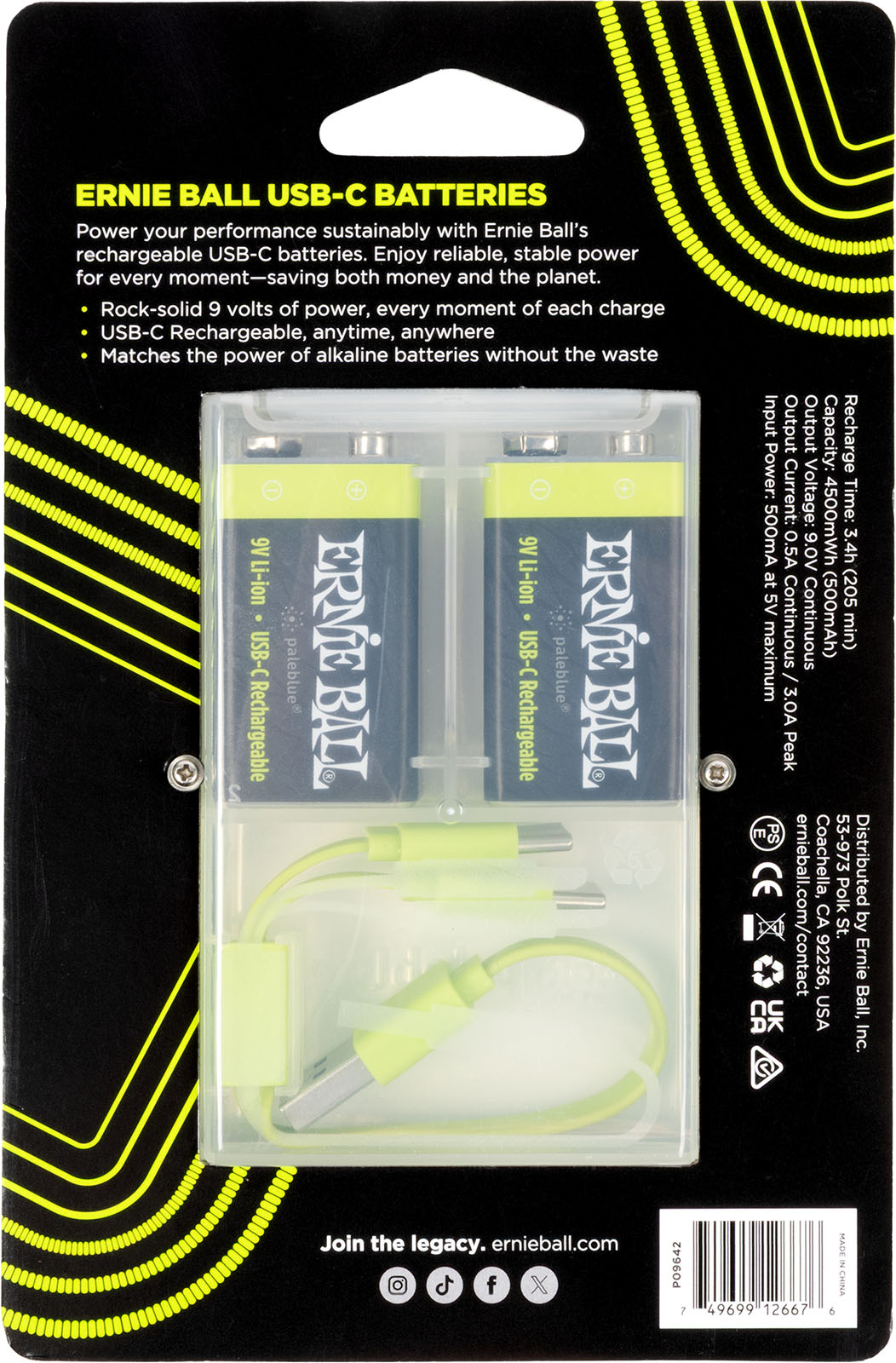 Ernie Ball 9642 - 9v Rechargeable Via Usb-c - Batterij - Variation 1