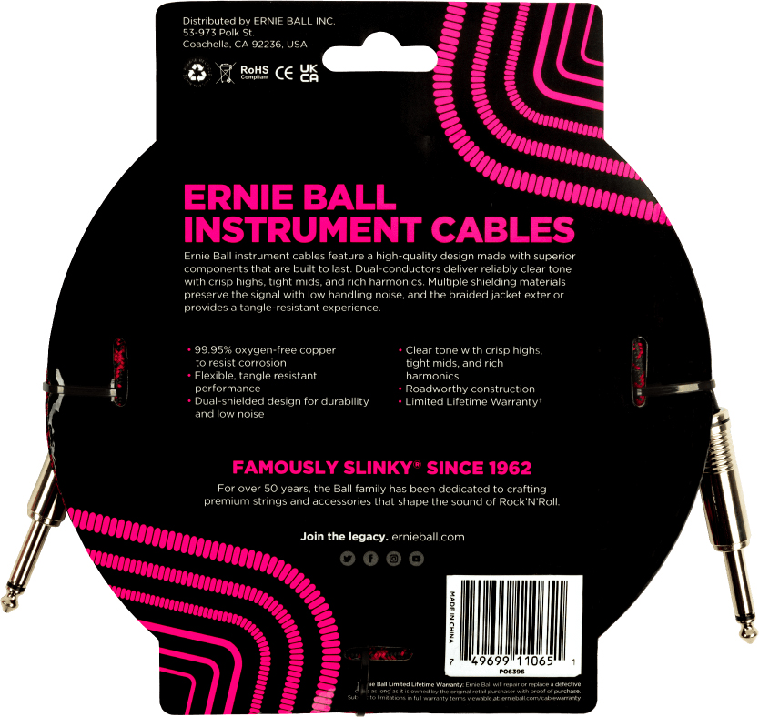 Ernie Ball Braided Instrument Cable Droit Droit 18ft 5.49m Red Black - Kabel - Variation 1