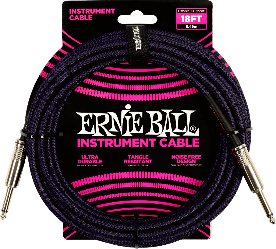 Ernie Ball Braided Instrument Cable Droit Droit 18ft 5.49m Purple Black - Kabel - Main picture