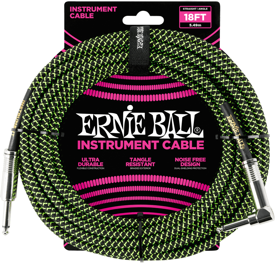 Ernie Ball P06082 Braided 18ft Straight / Angle Instrument Cable 5.49m Droit / Coude Black & Green - Gitaarstemmer - Main picture
