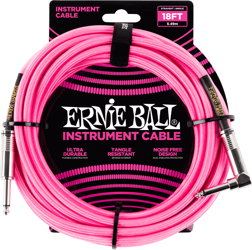 Ernie Ball P06083 Braided 18ft Straight / Angle Instrument Cable 5.49m Droit / Coude Neon Pink - Gitaarstemmer - Main picture