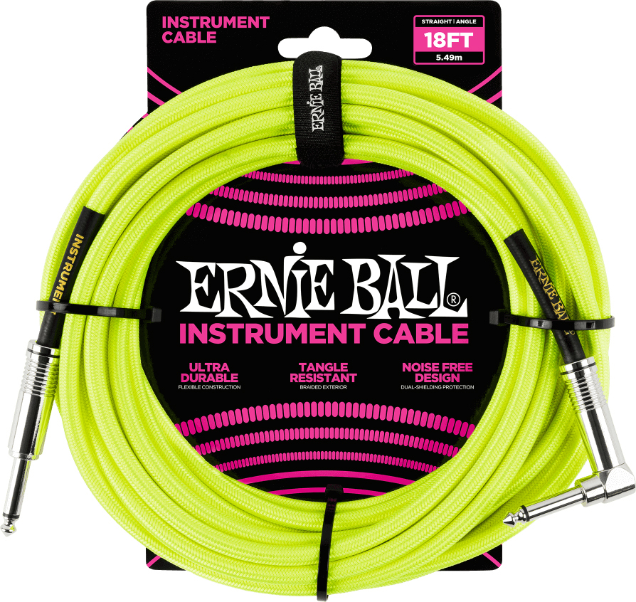 Ernie Ball P06085 Braided 18ft Straight / Angle Instrument Cable 5.49m Droit / Coude Neon Yellow - Gitaarstemmer - Main picture