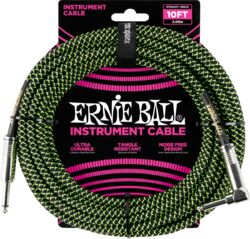 Cables Instrument Gaine Tissée Jack/Jack Coudé 3m Noir/Vert