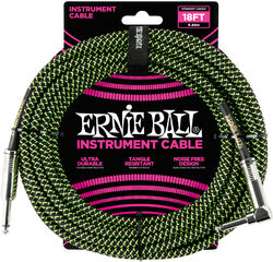 Gitaarstemmer Ernie ball P06082 Braided 18ft Straigth / Angle Instrument Cable - Black & Green