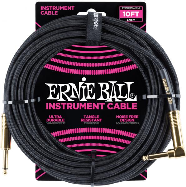 Gitaarstemmer Ernie ball P06081 Braided 10ft Straigth / Angle Instrument Cable - Black