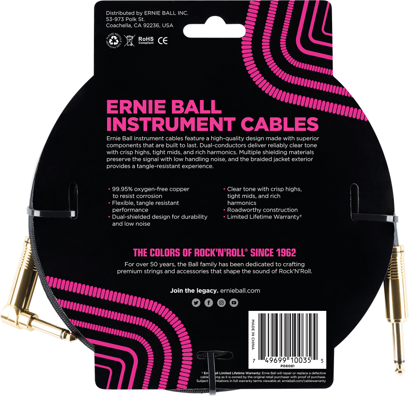 Ernie Ball P06081 Braided 10ft Straight / Angle Instrument Cable 3.05m Droit / Coude Black - Kabel - Variation 1