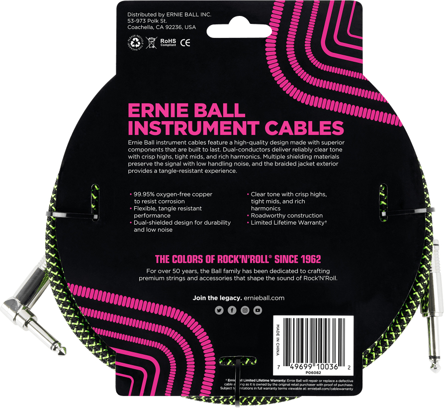 Ernie Ball P06082 Braided 18ft Straight / Angle Instrument Cable 5.49m Droit / Coude Black & Green - Gitaarstemmer - Variation 1
