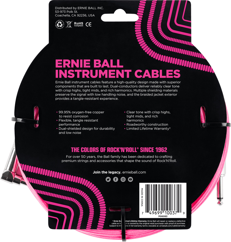 Ernie Ball P06083 Braided 18ft Straight / Angle Instrument Cable 5.49m Droit / Coude Neon Pink - Gitaarstemmer - Variation 1