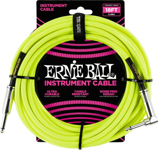 Gitaarstemmer Ernie ball P06085 Braided 18ft Straigth / Angle Instrument Cable - Neon Yellow