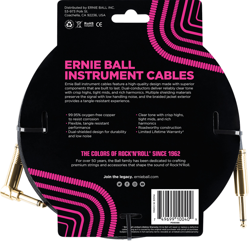 Ernie Ball P06086 Braided 18ft Straight / Angle Instrument Cable 5.49m Droit / Coude Black - Kabel - Variation 1