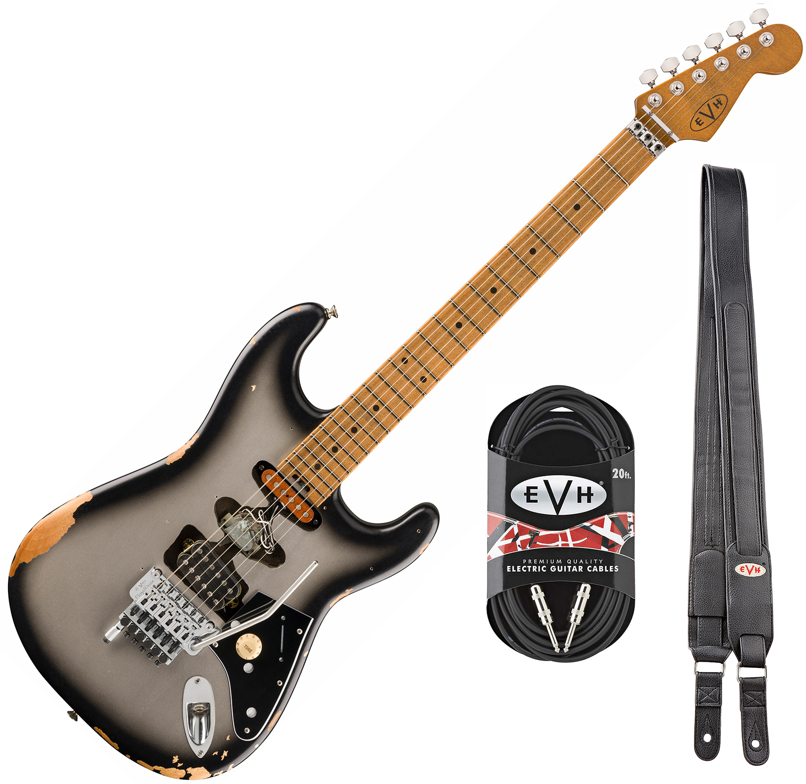 Evh Frankenstein Relic Mex 1h Fr Mn + Premium Cable 42.inc + Premium Strap - Silverburst - Elektrische gitaar set - Main picture