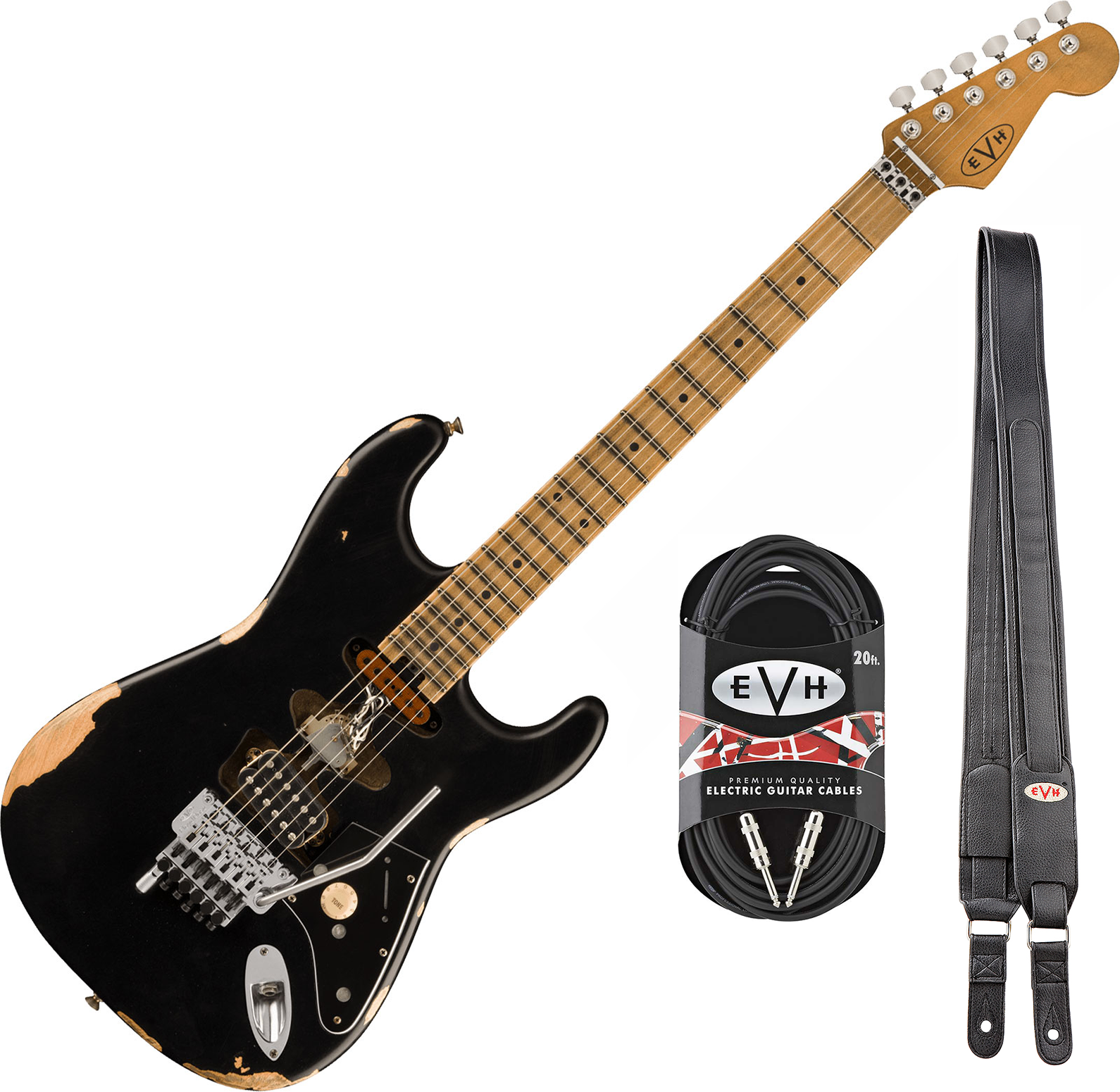 Evh Frankenstein Relic Mex 1h Fr Mn + Premium Cable 42.inc + Premium Strap - Black - Elektrische gitaar set - Main picture